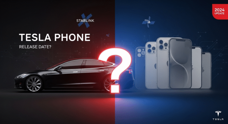 alt="Tesla phone release date 2024 concept with question mark over Tesla car and smartphone silhouettes - when will Tesla smartphone be released"