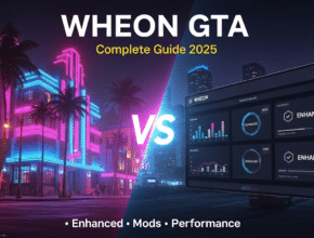 Wheon Grand Theft Auto complete guide thumbnail showing split comparison between classic GTA Vice City neon cityscape and modern enhanced gaming interface with Wheon platform features Wheon Grand Theft Auto complete guide thumbnail showing split comparison between classic GTA Vice City neon cityscape and modern enhanced gaming interface with Wheon platform features